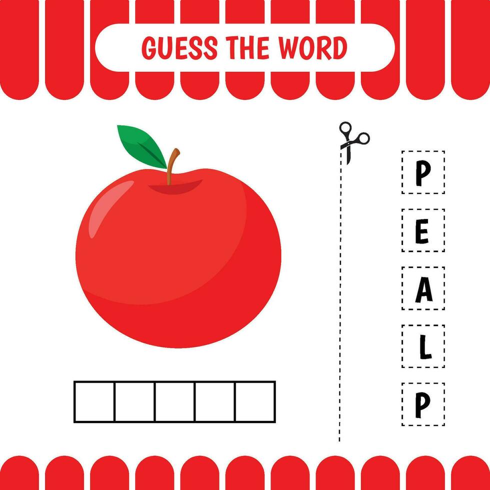 Guess the word educational learning game for preschool kids.  Apple. Activity page. Word puzzle. Developing worksheet. vector