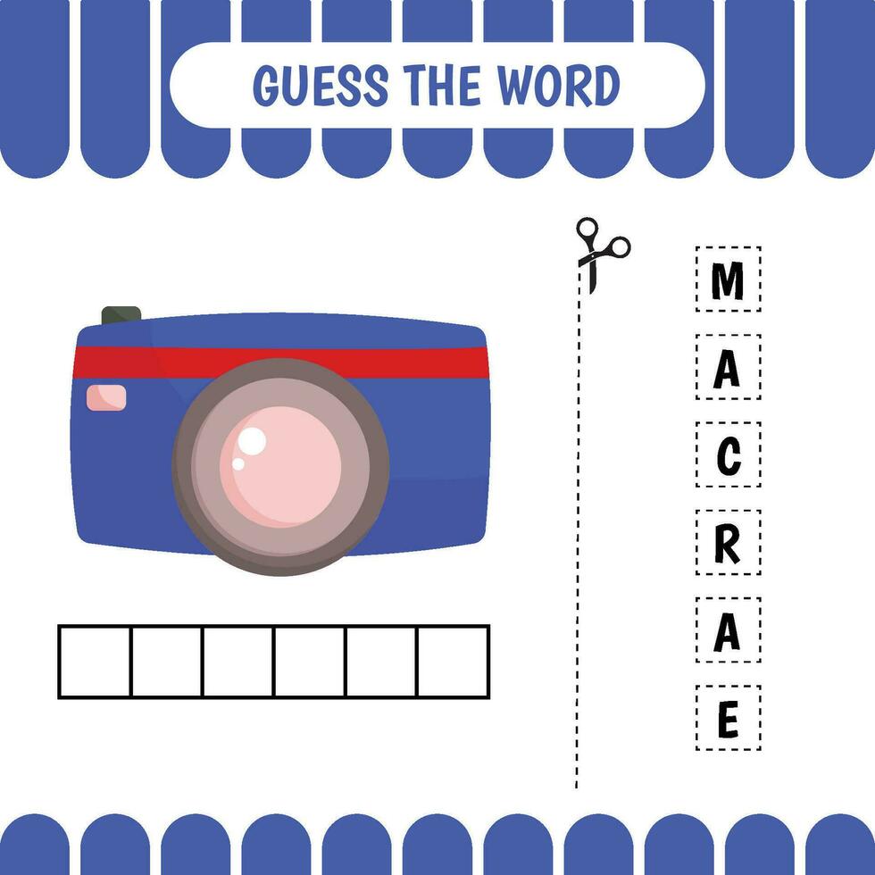 Guess the word educational learning game for preschool kids.  Camera. Activity page. Word puzzle. Developing worksheet. vector