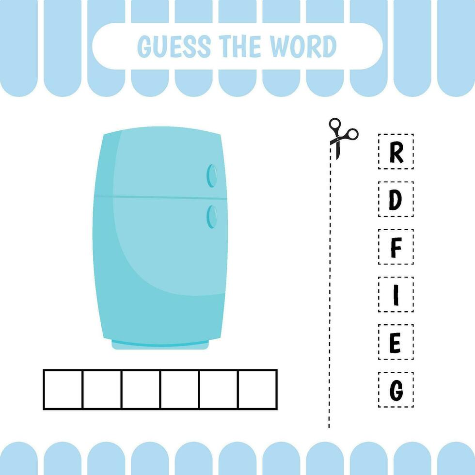 Guess the word educational learning game for preschool kids.  Fridge. Activity page. Word puzzle. Developing worksheet. vector
