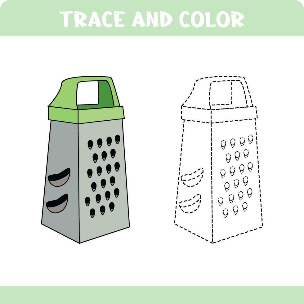 Trace and color educational worksheet for kids. Tracing objects. Activity color pages. Grater vector