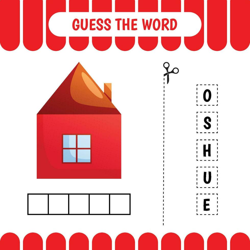 Guess the word educational learning game for preschool kids.  House. Activity page. Word puzzle. Developing worksheet. vector