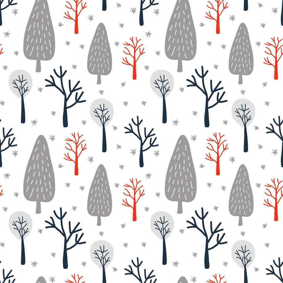 Winter seamless vector pattern of trees in blue, red and gray colors for New Year printing on textiles or packaging.