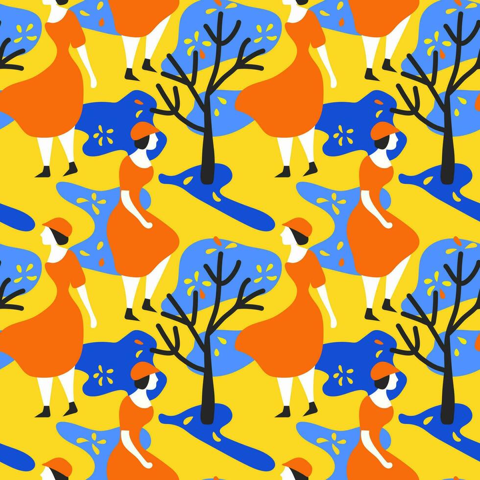 Seamless pattern with abstract girls with hats in orange dresses walking in a park where trees grow. Seamless vector with people and plants for textile or object prints