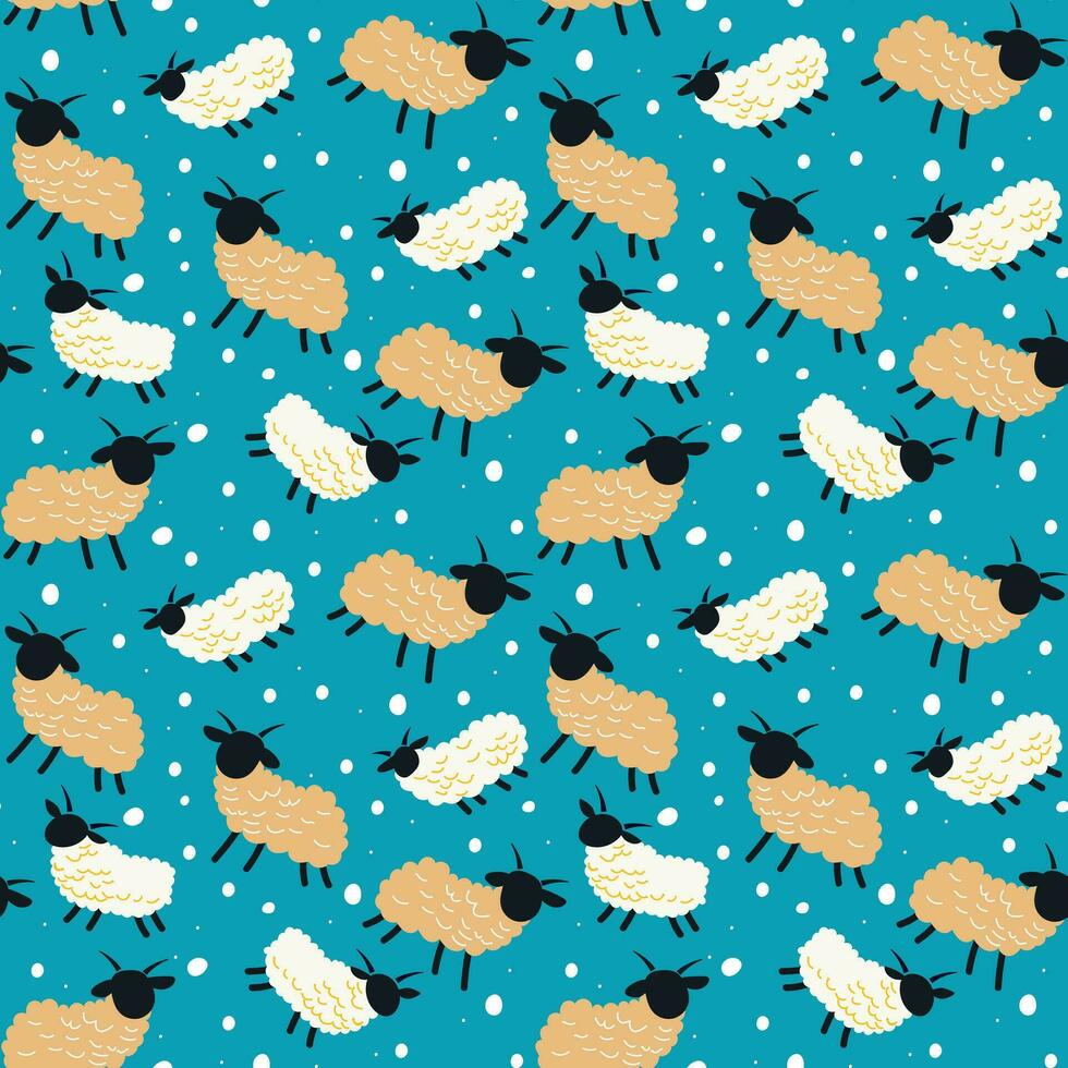 Seamless pattern with little white cute goats with horns, drawn in a simple cartoon style, running on a blue field, for printing on textiles or objects vector