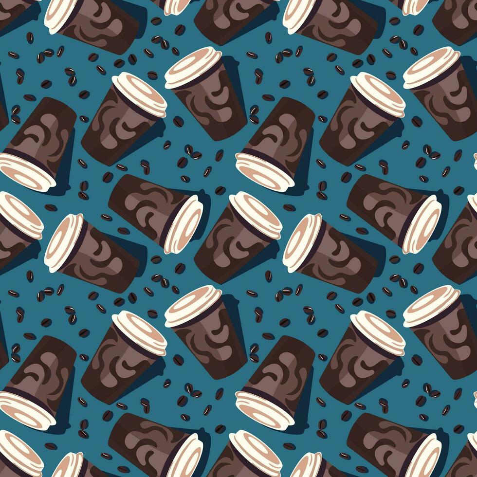 Seamless pattern with brown coffee cups and small black coffee on dark blue background for textile or subject printing vector