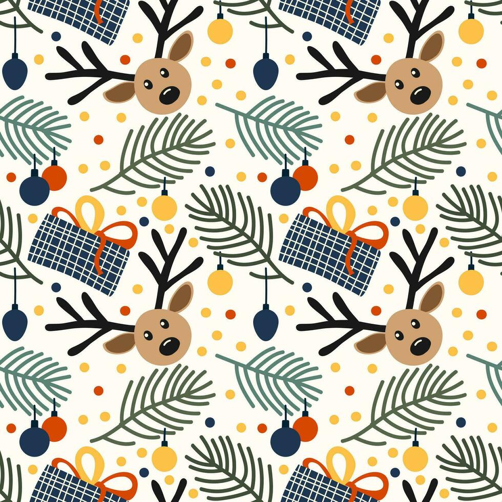 Christmas seamless pattern with gifts and reindeer and fir branches and toys in flat style. Seamless Christmas pattern in blue-green and red colors with simple shapes for printing on textile vector