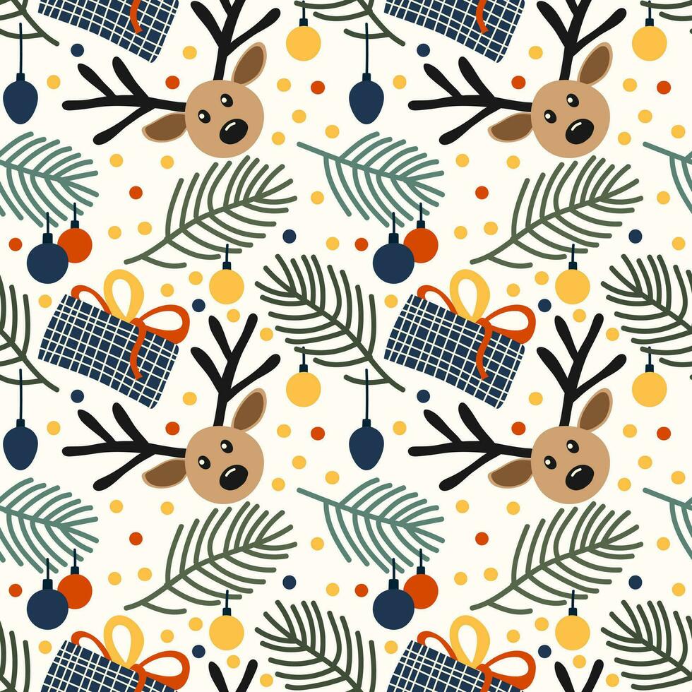 Christmas seamless pattern with gifts and reindeer and fir branches and toys in flat style. Seamless Christmas pattern in blue-green and red colors with simple shapes for printing on textile vector