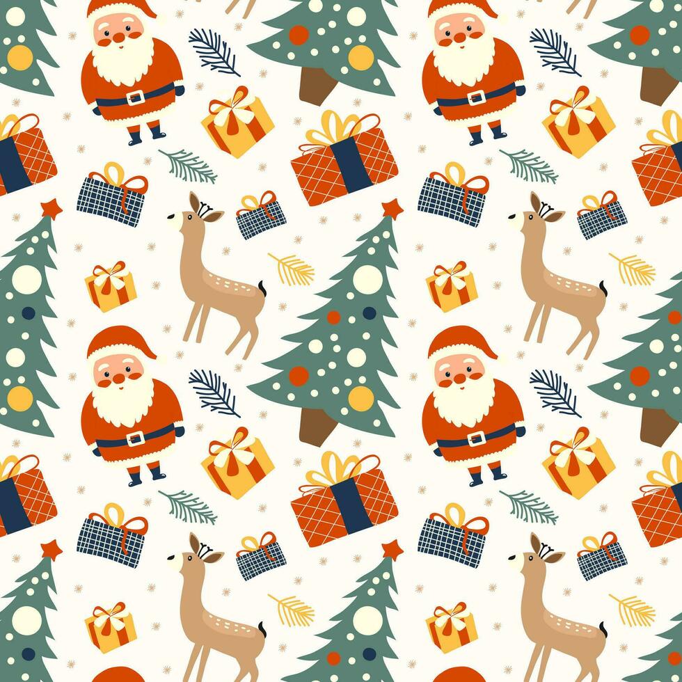 Christmas seamless pattern with gifts and reindeer, trees, needles and santa claus in flat style. Seamless Christmas pattern in blue-green and red colors with simple shapes for printing on textile vector