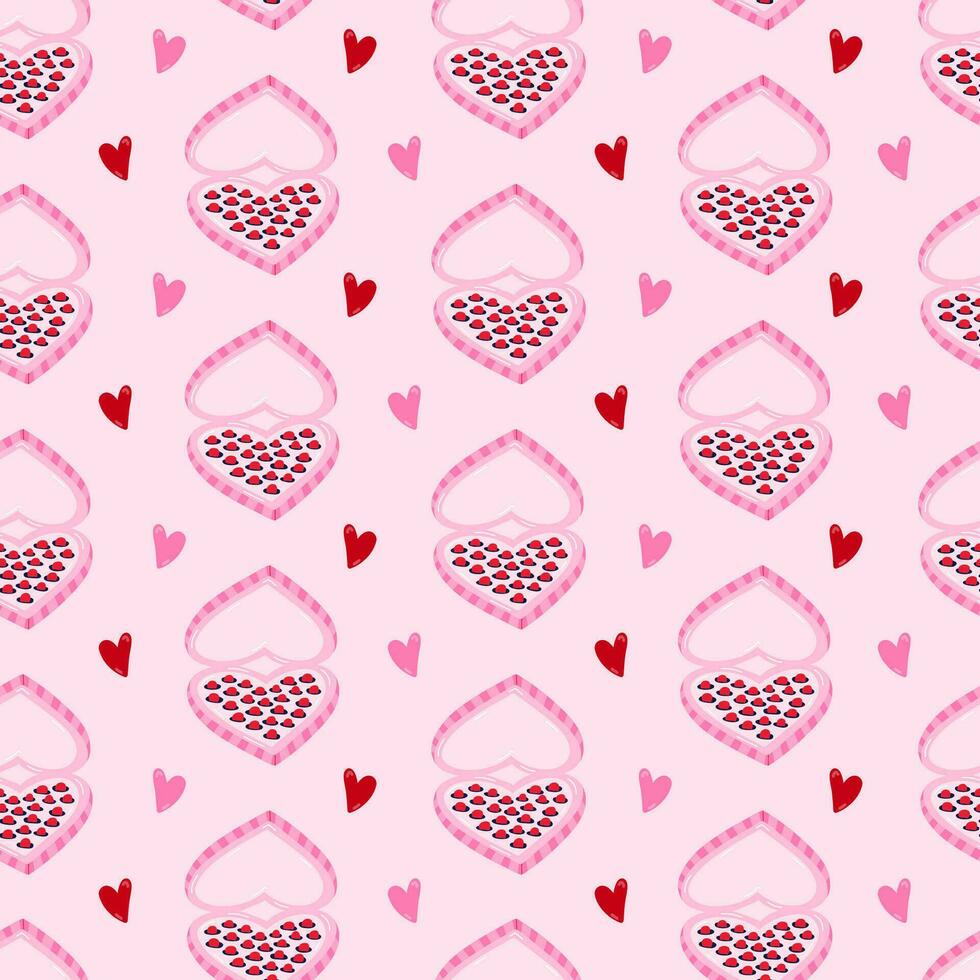 Cute and colorful vector seamless hand drawn pattern with cute heart shaped box of chocolates and hearts. Valentine's day illustrations. For wrapping paper, bedclothes, notebook, packages, gift paper