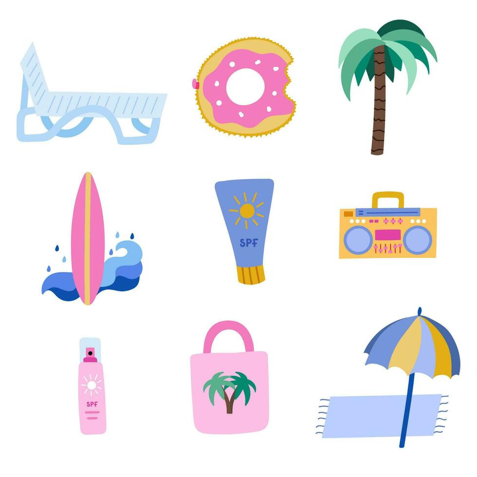 Cute and colorful summer doodle set for beach party. Vacation at the sea, ocean, traveling, relaxing. Hand drawn vector illustrations isolated on the background.