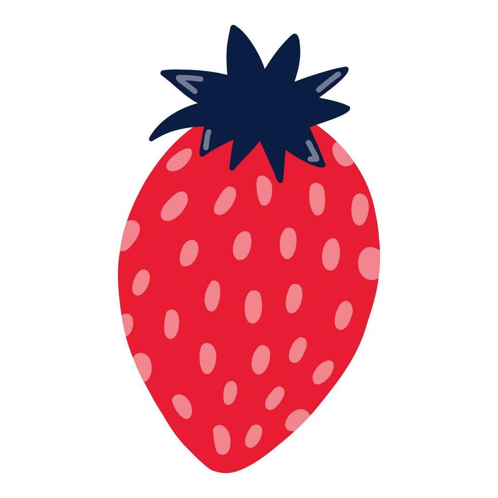 Cute vector hand drawn strawberry isolated on background. Green nature. Vegetarian and vegan food. Sweet summer seasonal fruit. Whole berry with leaves and seed. For stickers, meny restaurants, design