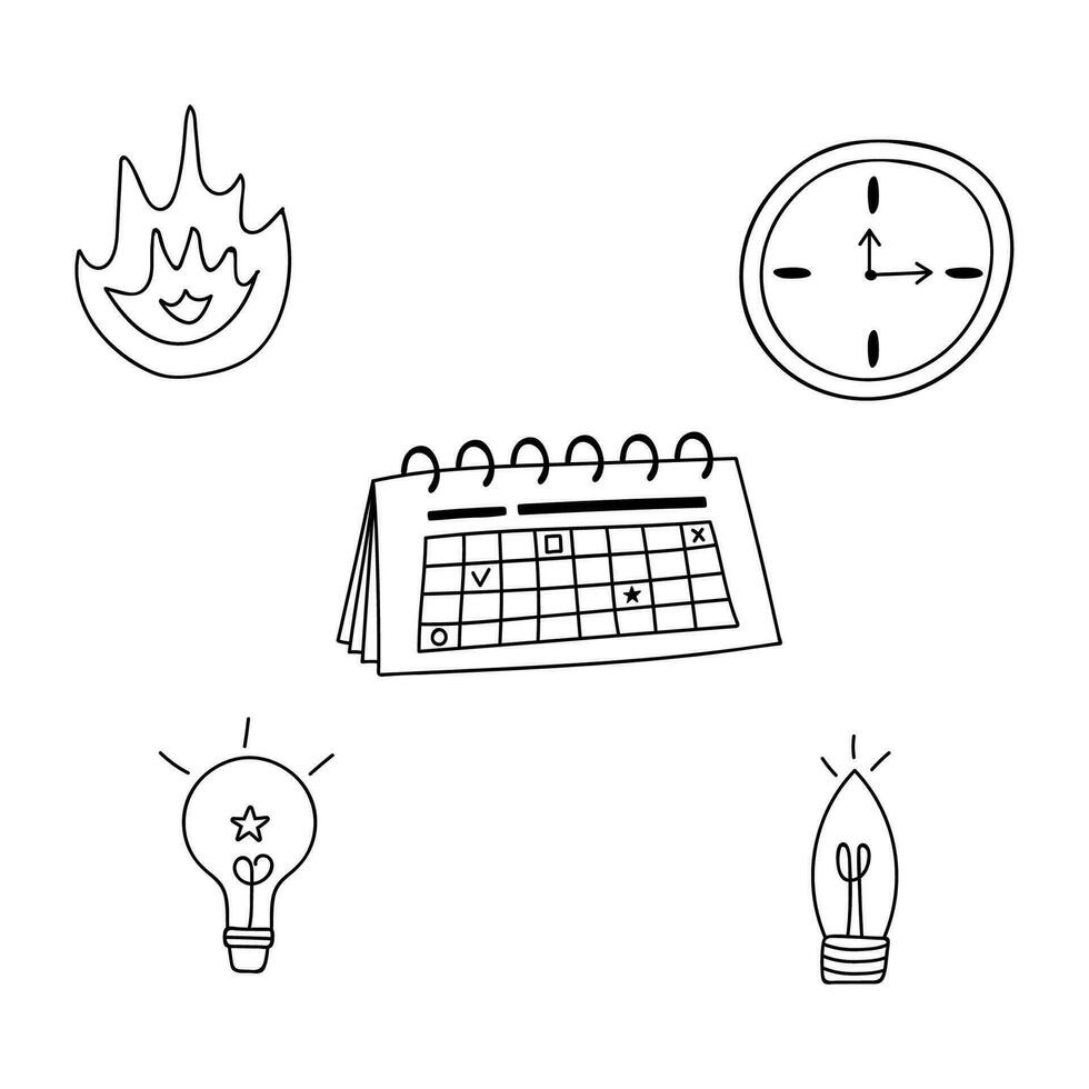 Set of business icons in doodle hand drawn style about planning business project, duration of it, time and deadline for tasks, different brilliant ideas. Isolated on background. vector