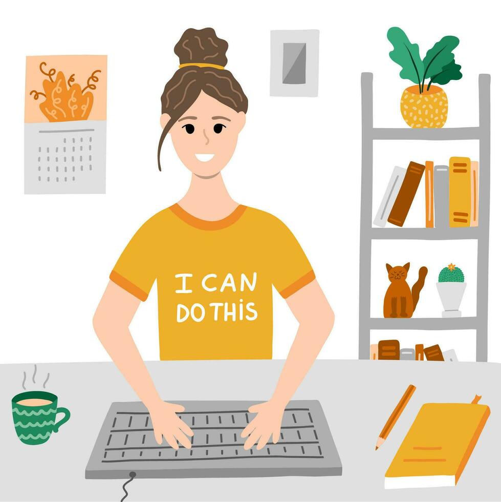Positive girl is working before computer, typing text on keyboard. Modern business, lifestyle or educational concept. Vector illustration with beautiful young woman. Office work at home or freelance.