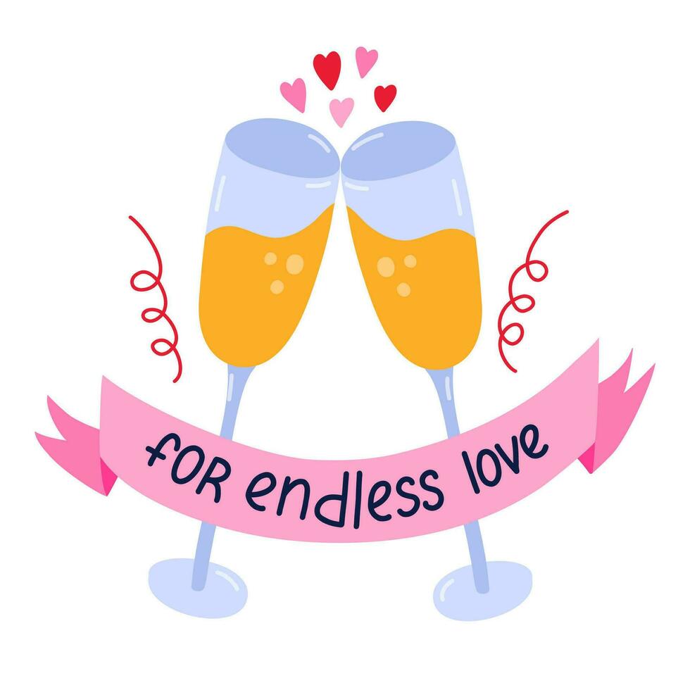 Hand drawn clipart of clink glasses with champagne. Cheers and toast for endless love. Celebration of Valentine s day and party concept. Hand drawn vector isolated illustration. Two glasses clinking.