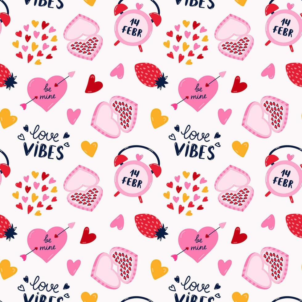 Vector seamless hand drawn pattern with heart pierced by arrow, strawberry, heart shaped box of chocolate. Valentine's day illustrations. For wrapping paper, bedclothes, notebook, packages, gift paper