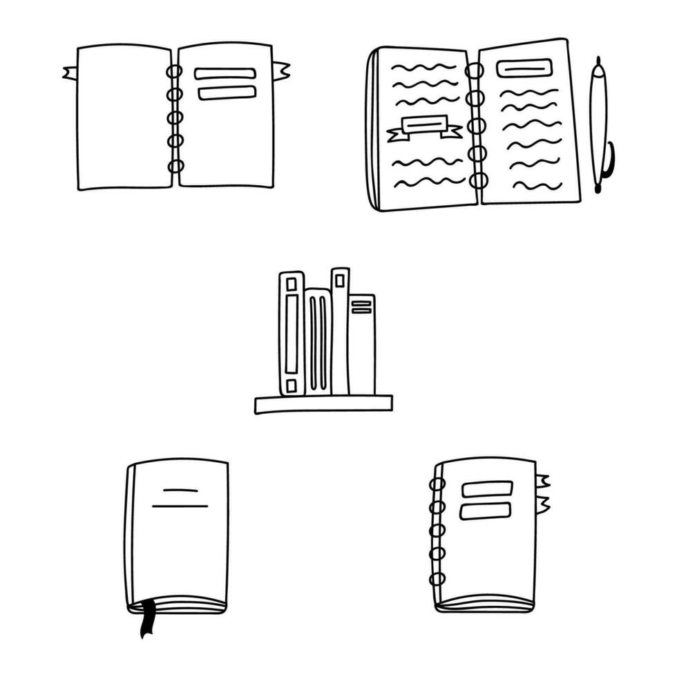 Cute hand drawn set of isolated doodle of ring notebooks, planners, books, notepads for education and scheduling vector