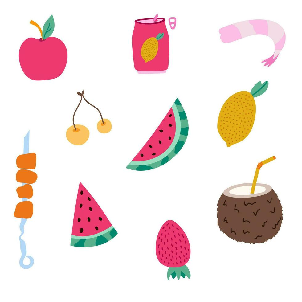 linda y gracioso garabatear conjunto de verano frutas, bayas. comida y bebidas en el caliente vacaciones. vector clipart ilustración aislado en el antecedentes. vistoso garabatos con mano dibujado describir.