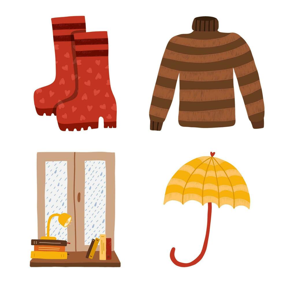 Set of cozy autumn symbols. Window with rain behind and books, lamp on the windowsill, funny umbrella, rubber boots, knitted woolen warm sweater. Hygge hand drawn illustration isolated on background. vector
