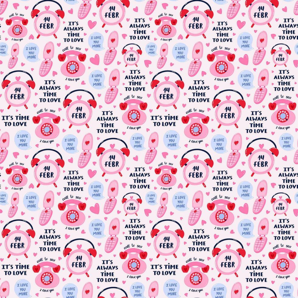 Vector seamless hand drawn pattern with retro flip mobile with message bubble, retro phone, alarm o'clock, lettering. Valentine's day illustrations. For wrapping paper, bedclothes, notebook, packages