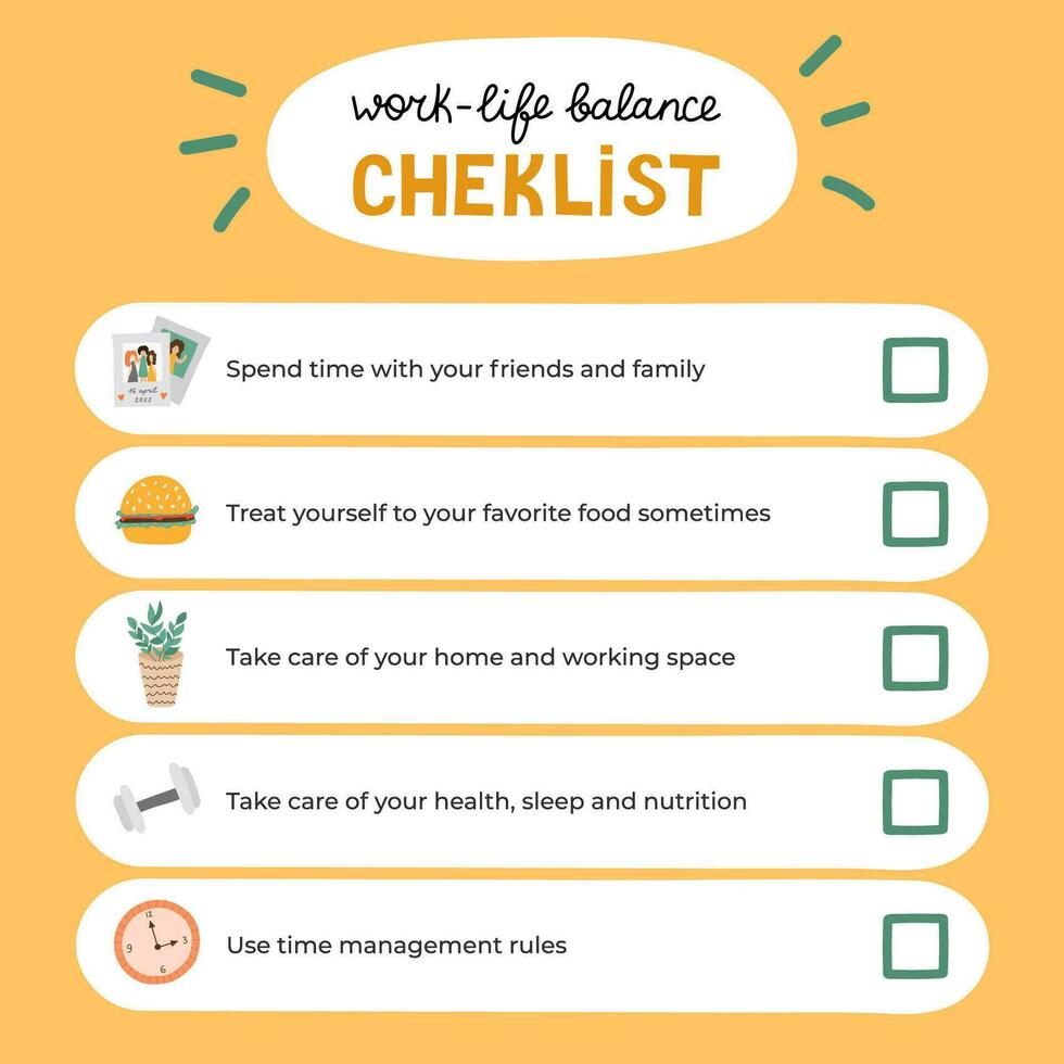 Cute work-life balance checlkist. Scrapbook templates for planner with colorful illustrations about work life balance. With printable, editable illustrations. For school and university schedule. vector