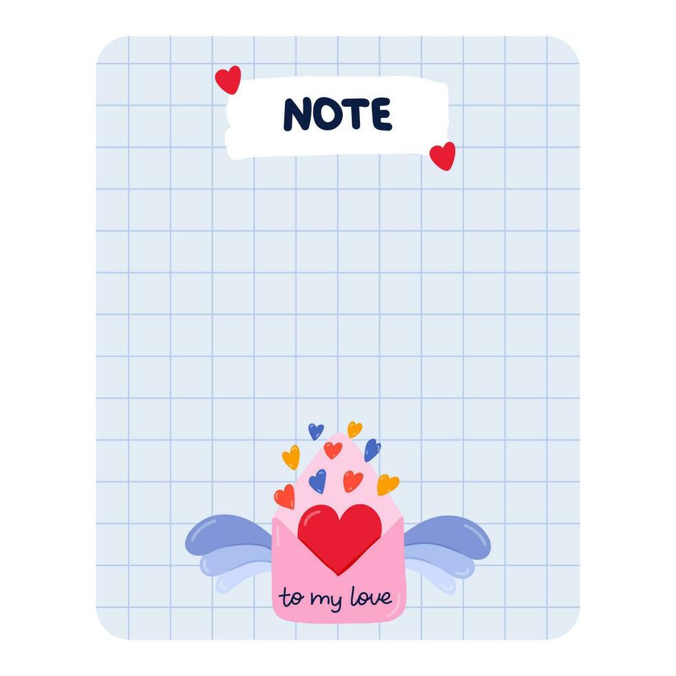 Cute scrapbook templates for planner. Notes, to do, to buy, to read with illustrations about love, romance, Valentine's day. With printable, editable illustrations. For school and university schedule vector
