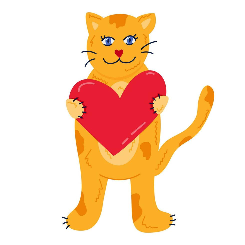 Cute cat with heart. Kitty holds big heart in the paws and hands it to you. Concept of love, romance, tenderness. For Valentine's day card, sticker, social media, scrapbook. Hand drawn vector clipart