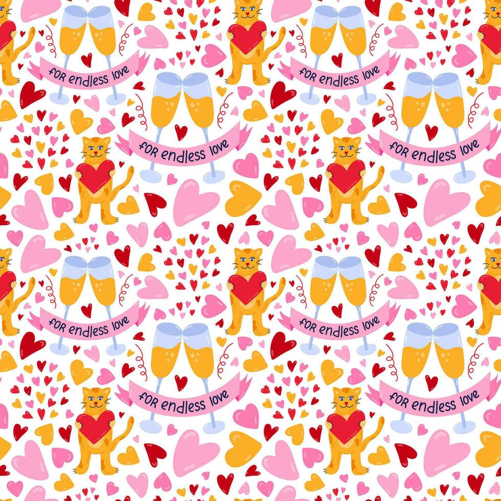 Cute and colorful vector seamless hand drawn pattern with clink champagne glasses, cat with heart in the paws. Valentine's day illustrations. For wrapping paper, bedclothes, notebook, packages, gift