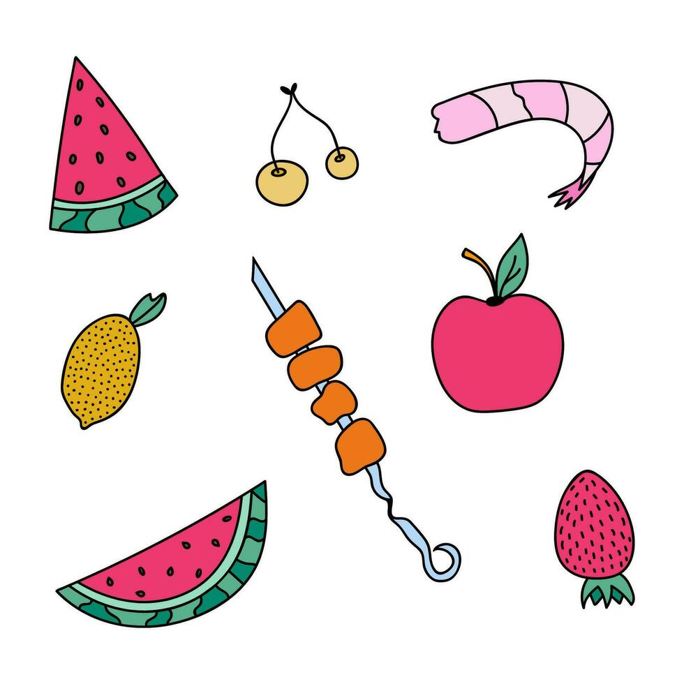 Cute and simple doodle set of summer fruits, berries and other food. Vector clipart illustration with watermelon, apple, strawberry, lemon, shrimp, cherry. Colorful doodles with hand drawn outline