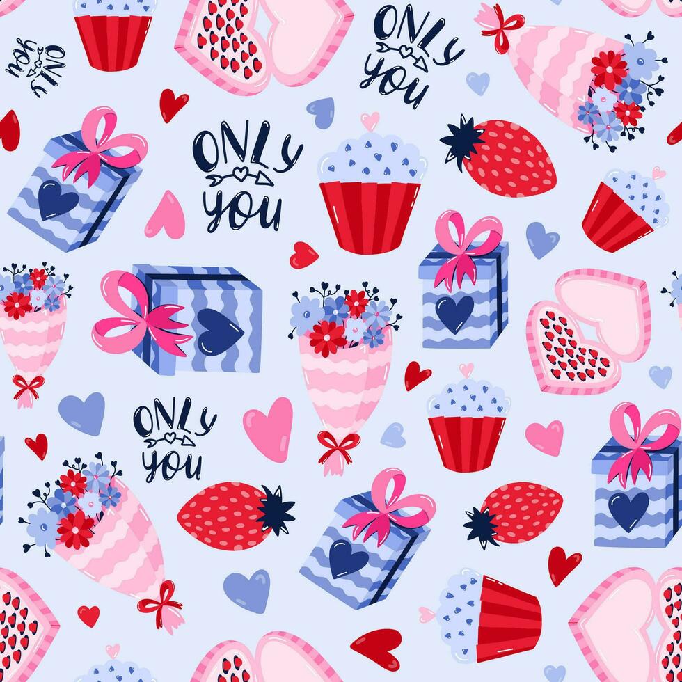 Cute vector seamless hand drawn pattern with heart shaped box of chocolates, cupcake, strawberry and gift bow. Valentine's day illustrations. For wrapping paper, bedclothes, notebook, packages.