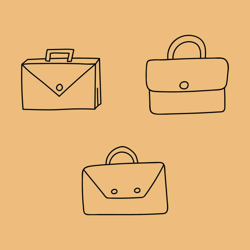 Set of the cute doodle briefcases with buttons for documents for office work, school, university. Vector doodle illustration isolated on the background with hand drawn doodle outline.