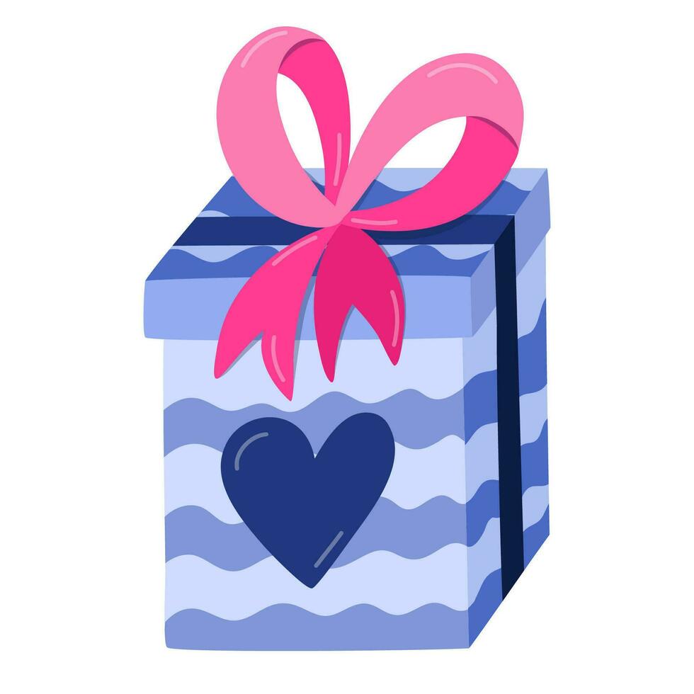 Cute closed gift box with ribbons and big bow. Hand drawn vector clipart isolated on background. Concept of love, romance, surprise. For Valentine's day card, stickers, social media, scrapbook.