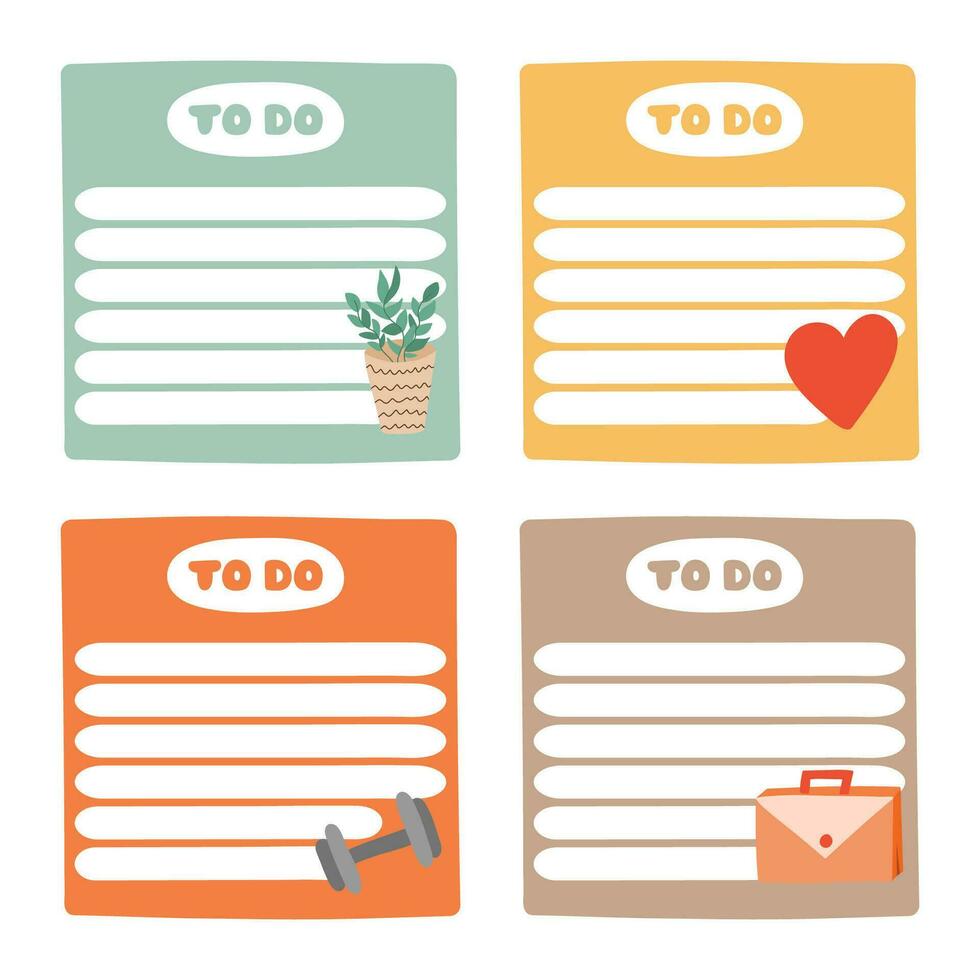 Cute scrapbook templates for planner - notes, to do, to buy and other with colorful illustrations about work life balance. With printable, editable illustrations. For school and university schedule. vector