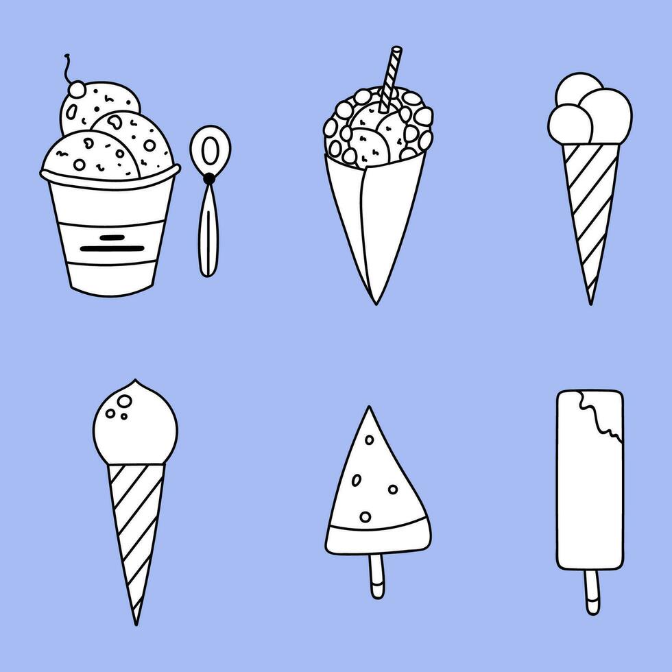 Cute and simple ice cream doodle set. Cold dessert for summer hot days. Vector illustration isolated on the background. Colorful clipart with hand drawn outline. Different shapes of ice cream.