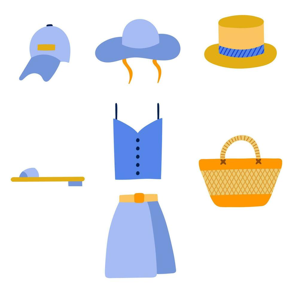 Vector doodle set of summer clothes. Colorful clipart with hand drawn outline isolated on the background. Hat, skirt, top, bag for the hot days, holiday, vacation in the city, town and by the beach