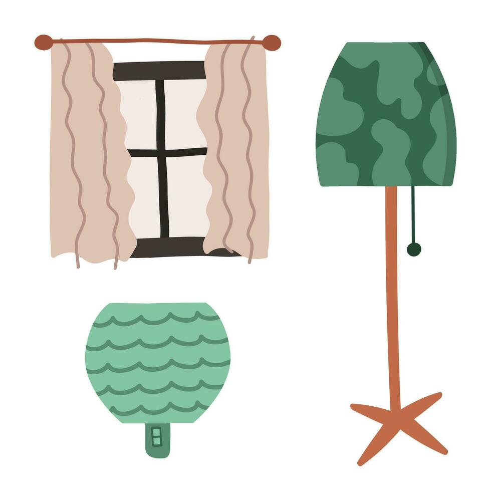 dibujos animados conjunto de ligero fuentes - ventana, antorchas, colgando candelabros, lámpara para mesa, piso. mueble para vivo habitación interior en boho estilo. mano dibujado vector ilustración en beige, verde colores.