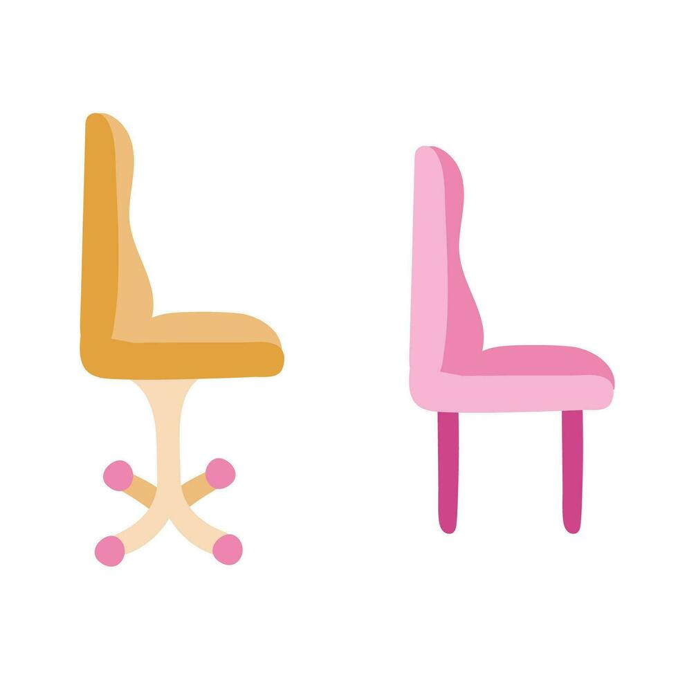 Set of cute hand drawn cartoon office chair with comfortable and soft back, wheels and straight legs. Vector clipart illustration isolated on background.