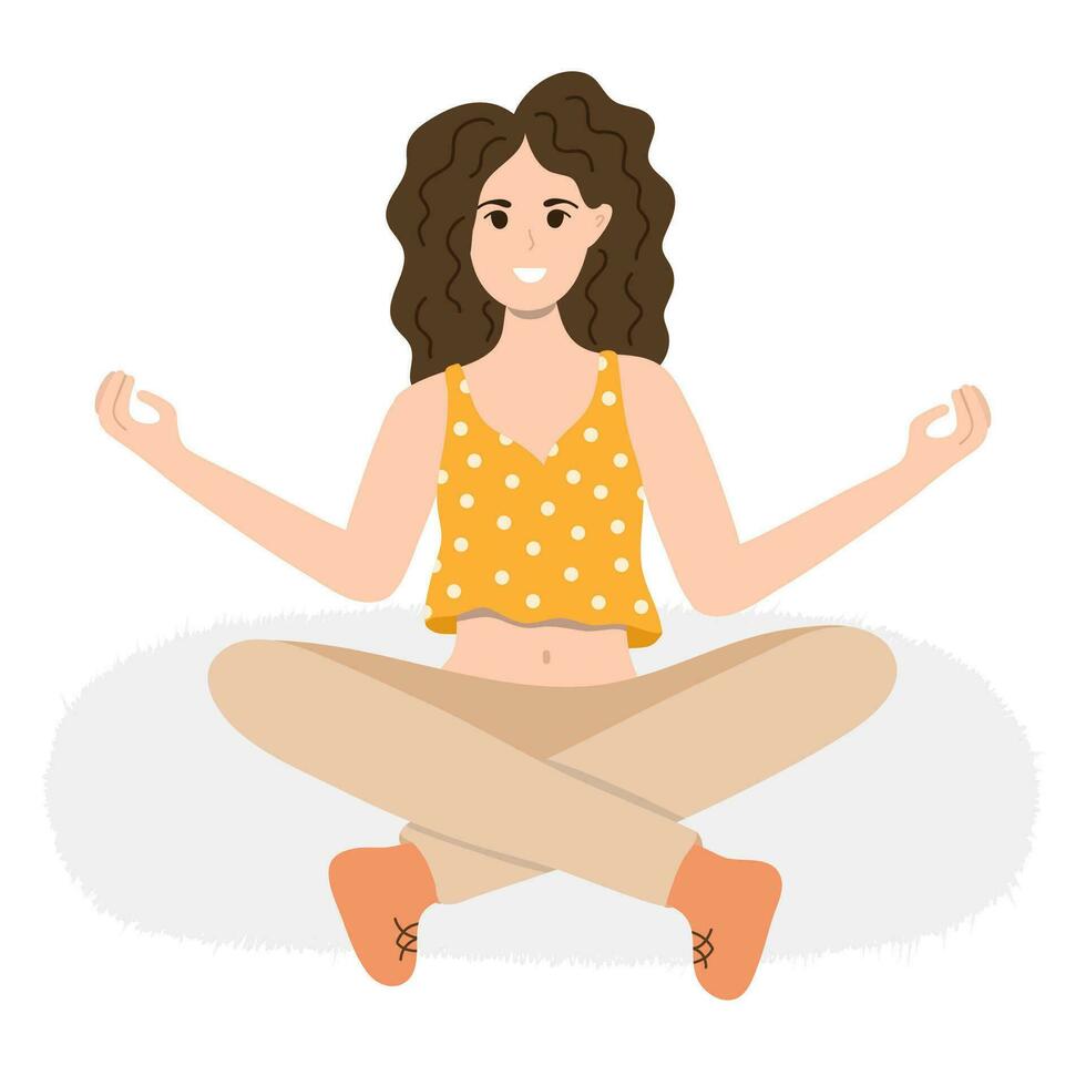 contento niña en loto actitud practicando yoga a hogar. mujer medita sentado con cruzado piernas. dibujos animados concepto de meditación, calma, yoga, deporte, salud cuidado. estilizado vector mano dibujado ilustración.