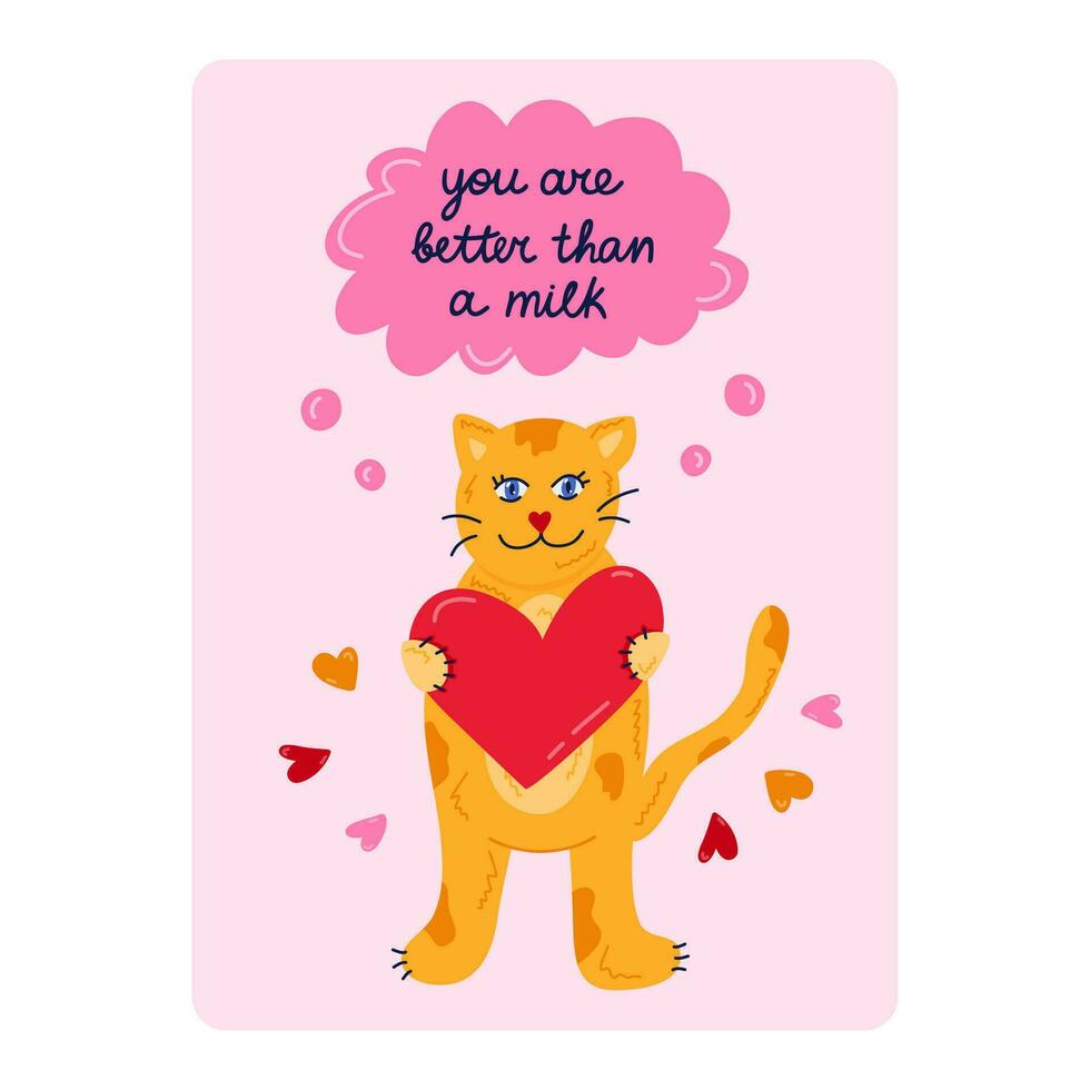 linda tarjeta postal para San Valentín día, cumpleaños, otro día festivo. póster con mano dibujado ilustración de gato participación corazón en el patas y habla burbuja con encantador citar letras. saludo tarjeta modelo. vector