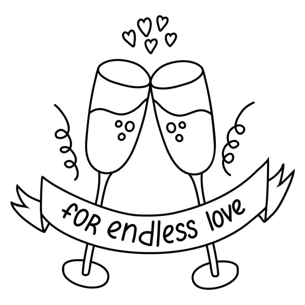 Hand drawn doodle of clink glasses with champagne. Cheers and toast for endless love. Celebration of Valentine s day and party concept. Hand drawn vector isolated illustration. Two glasses clinking.