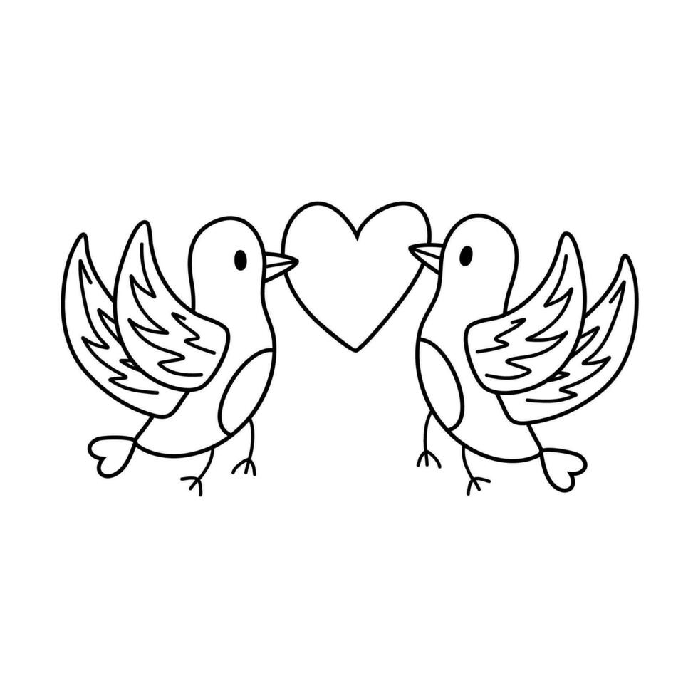 Cute couple of two blue birds hold a big heart in the flight. Hand drawn vector isolated doodle. Concept of love, romance, relationship, 14 of February. For Valentine's day card, sticker, scrapbook.