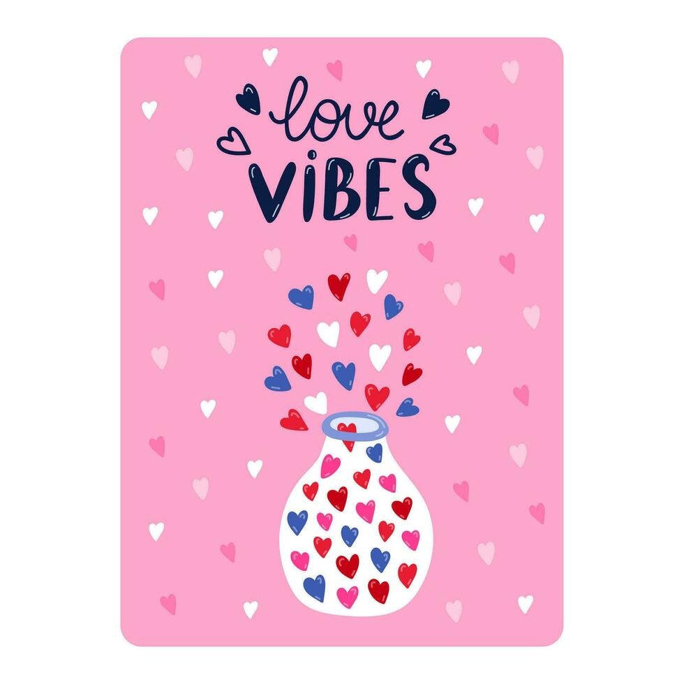 linda tarjeta postal para San Valentín día, cumpleaños o otro día festivo. póster con letras amor vibraciones y vector mano dibujado ilustración de vaso tarro con de colores corazones volador afuera. saludo tarjeta modelo.