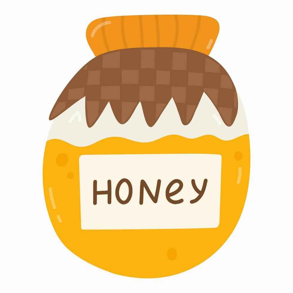 Cute honey in glass jar with checkered towel in trendy naive style. Popular dessert. Organic natural sweets for breakfast and tea. Vector hand drawn clipart illustration isolated. Cafe menu.