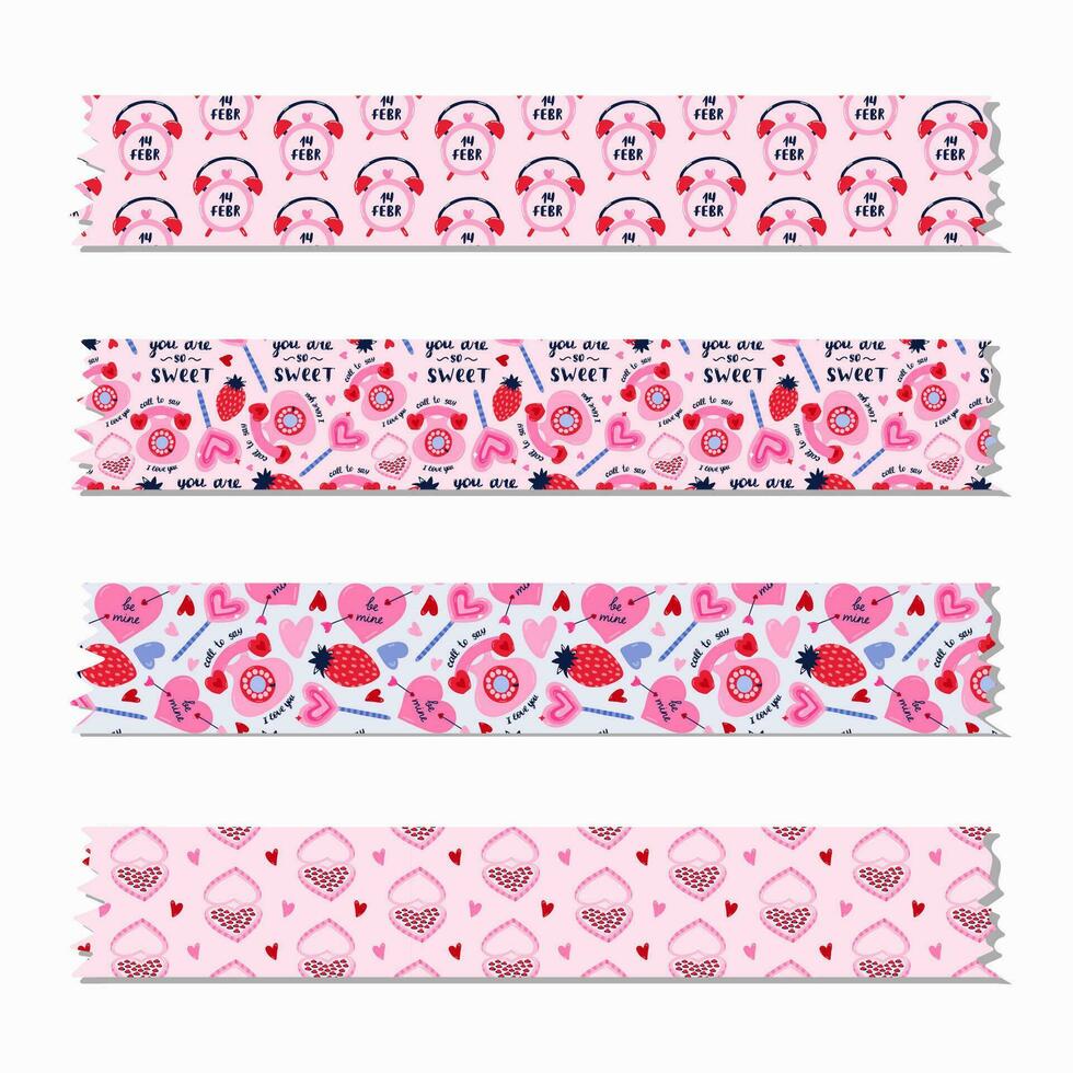 Set of cute washi tape strips with Valentine's day pattern about love, romance. Decorative scotch tape with shadow and ragged edges. Isolated editable vector. For scrapbook, planner, notebook, craft. vector