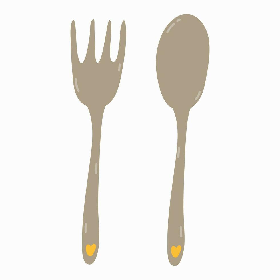 Set of spoon and fork with little hearts in funny naive style. Kitchen utensils for tableware at lunch. Set of flatware. Cute vector hand drawn clipart isolated on background. Concept of meal, food.