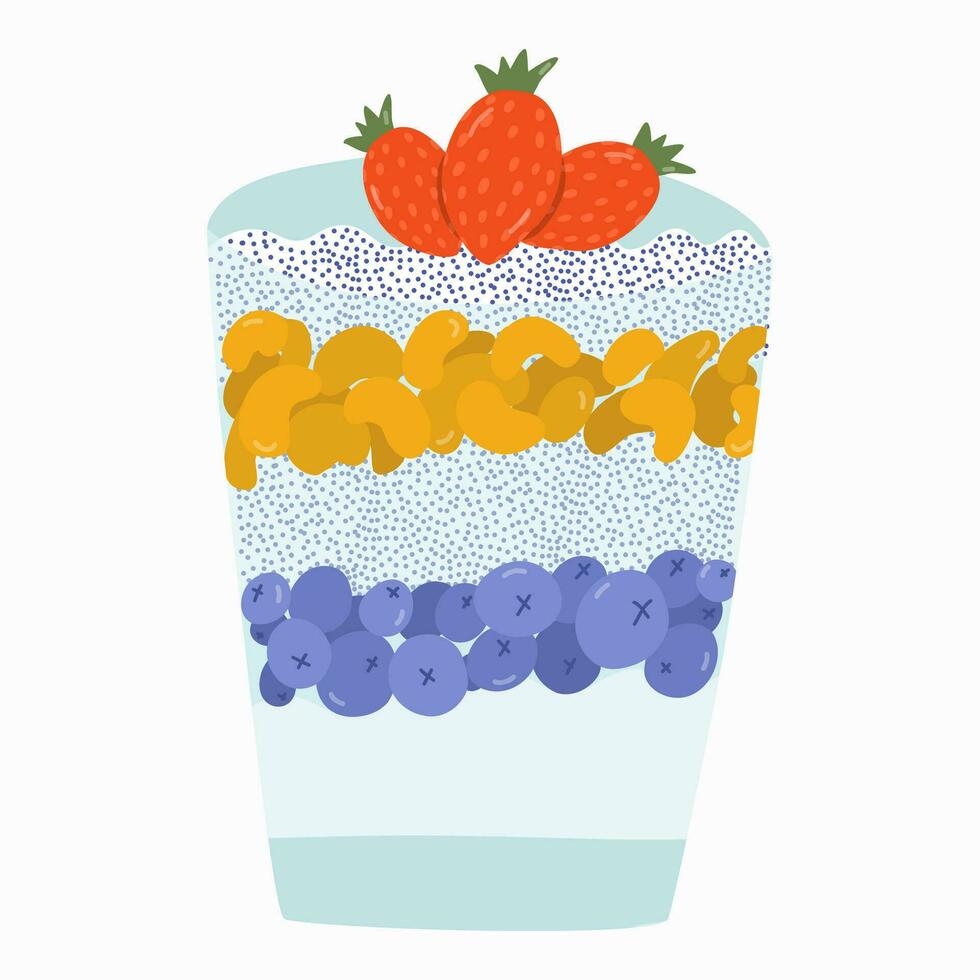 Chia yogurt in trendy naive style. Yogurt with almond, blueberry and strawberry in glass jar. Acai smoothie bowl thick topped with chia. fruit, nuts. Organic and healthy breakfast. Hand drawn vector. vector
