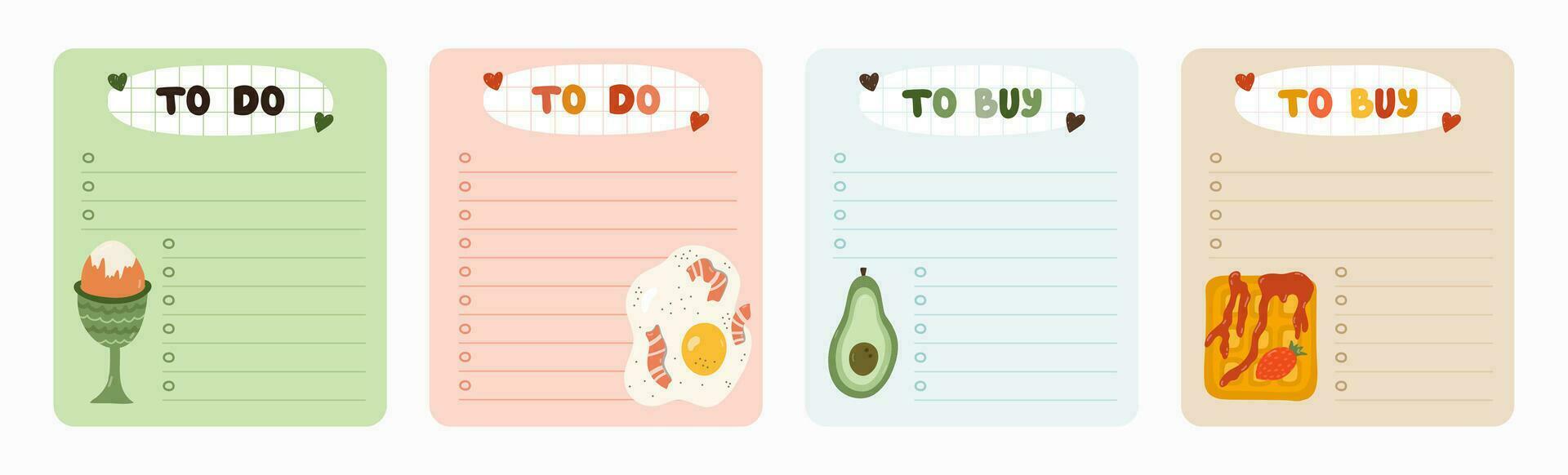 Set of cute scrapbook templates for planner notes, to do, to buy and other with illustrations about healthy breakfast. With printable, editable illustrations. For school and university schedule vector