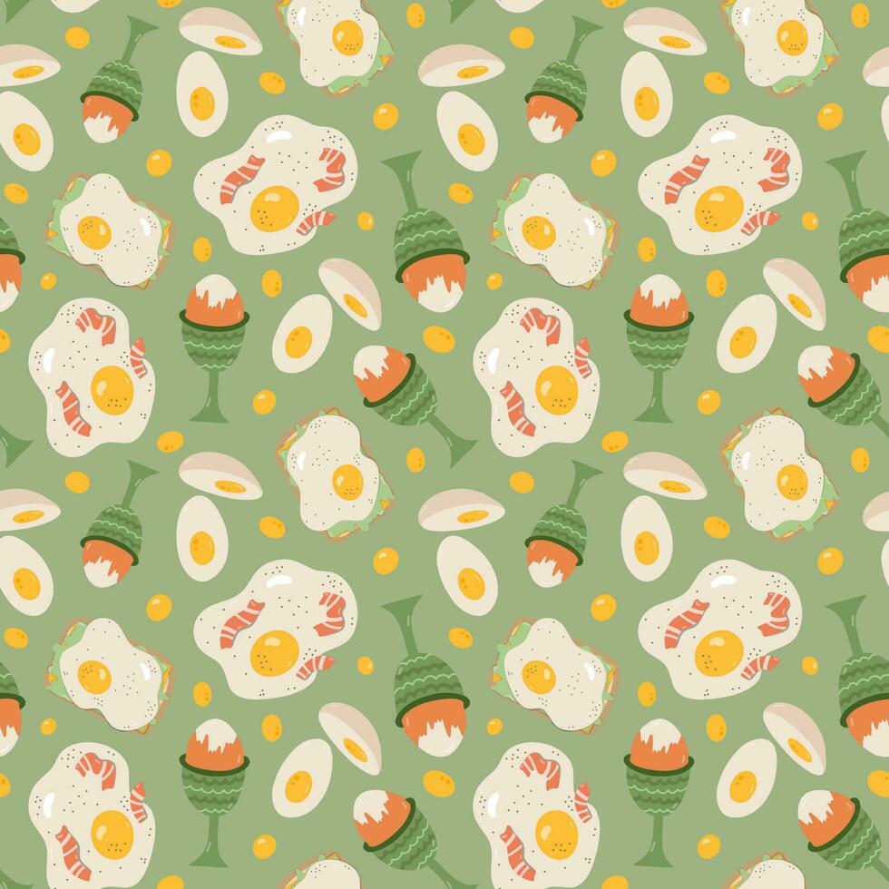 Cute and colorful vector seamless hand drawn pattern with fried, boiled egg and sandwich with egg. Can be used for wrapping paper, bedclothes, notebook, packages, gift paper.