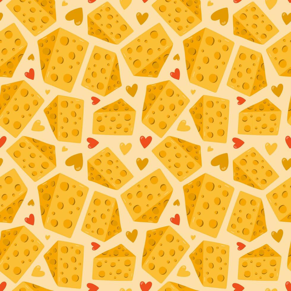 Cute and colorful vector seamless hand drawn pattern with cheese and hearts. Can be used for wrapping paper, bedclothes, notebook, packages, gift paper. Vector hand drawn clipart illustration.
