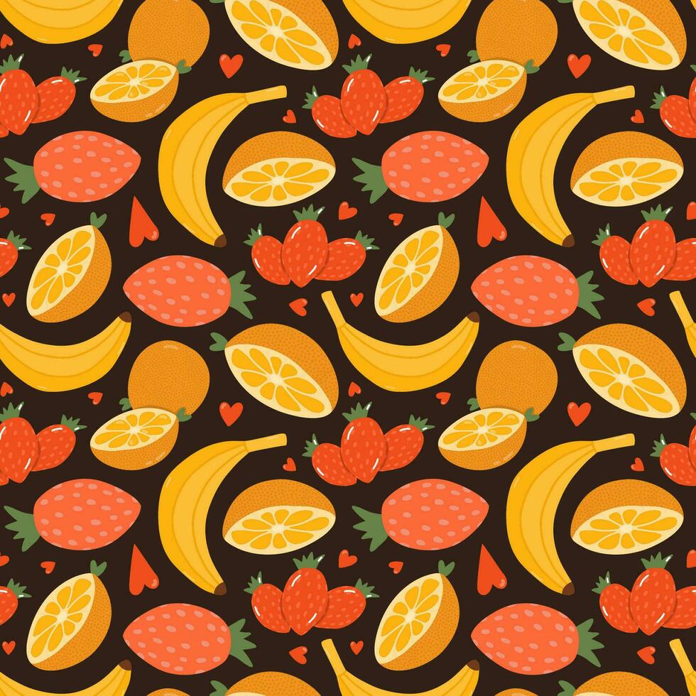Cute and colorful vector seamless hand drawn pattern with fresh fruits - banana, half of orange, strawberry and hearts. Can be used for wrapping paper, bedclothes, notebook, packages, gift paper.