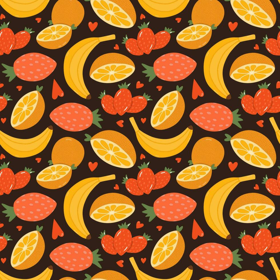 linda y vistoso vector sin costura mano dibujado modelo con Fresco frutas - banana, medio de naranja, fresa y corazones. lata ser usado para envase papel, ropa de cama, computadora portátil, paquetes, regalo papel.